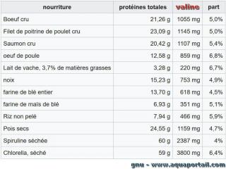 Part de valine dans les aliments