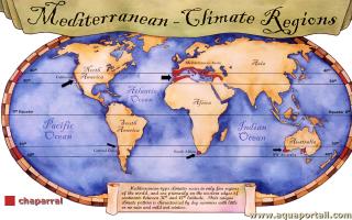 Carte du climat mditerranen mondial (avec des chaparrals)